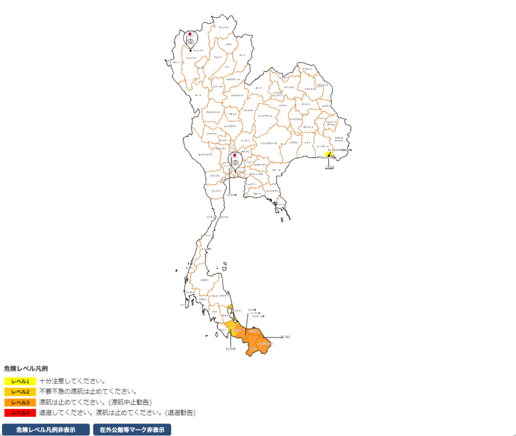 タイのエリア別危険情報